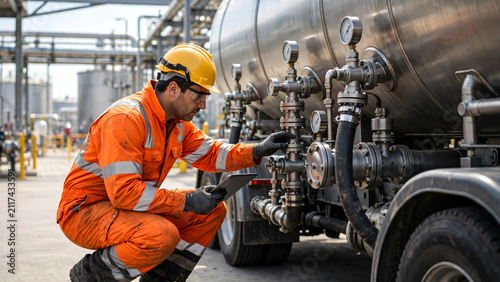 A professional male industrial worker wearing full personal protective equipment  performing a detailed safety inspection of a large fuel tanker truck at a modern petroleum distribution terminal. 