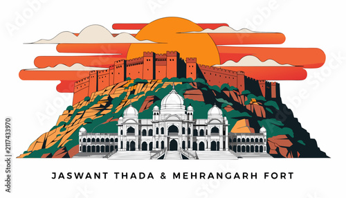 Foto Very beautiful realistic vector illustration of Jaswant Thada with Mehrangarh Fo