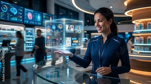 Pharmacist examines a holographic medical data cube within a modern digital pharmacy environment to analyze patient health records and inventory levels.