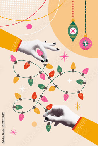 Retro Hands Decorating Christmas Garland Lights Vintage Holiday Greeting Card Flat Vector Illustration