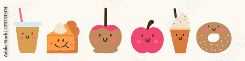 Minimalist cute autumn food and drink characters team set flat vector illustration funny thanksgiving bakery dessert mascot collection apple cider donut latte pumpkin pie isolated