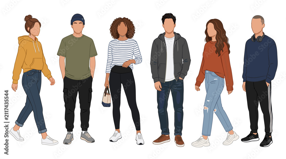 Obraz premium Professional vector collection featuring different man and woman wearing casual everyday outfits, comfortable t-shirts, hoodies, denim jeans, sneakers, relaxed modern clothing