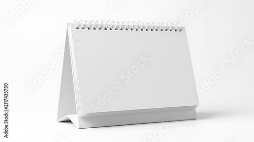 Blank white spiral desk calendar mockup with layered pages and triangular stand, isolated on white with space for custom design