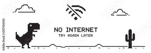 No internet connection error screen with offline dinosaur game and broken wireless signal vector illustration