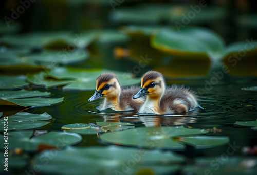 Two fluffy ducklings swimmi...