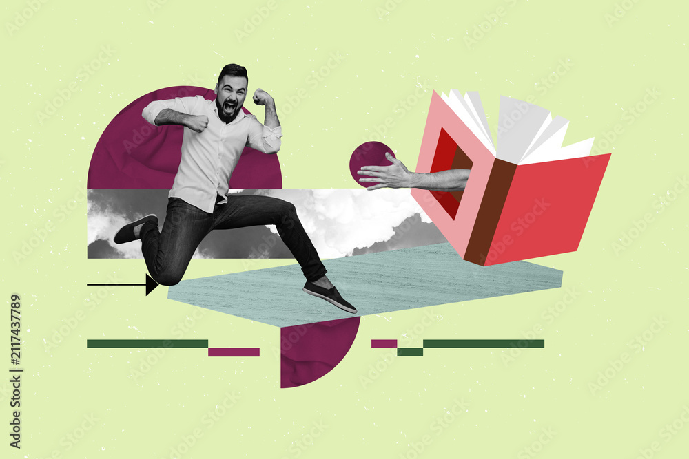 Fototapeta premium Pop art collage of person win winner stand to paper book with hand on green background
