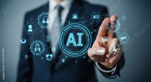 Businessman interacting with a futuristic AI interface, showcasing artificial intelligence and its impact on business and technology