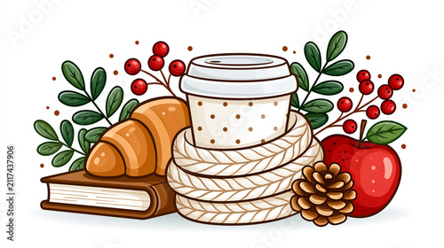 Beautiful sticker with a cup of coffee, a book, and a warm scarf isolated on white background