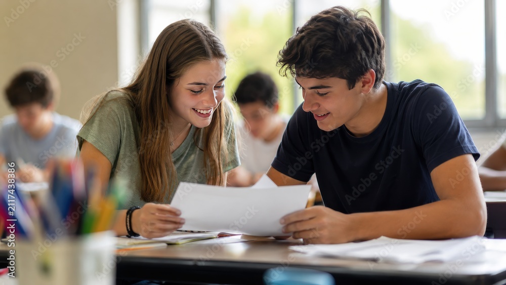 Fototapeta premium Smiling Teenage Boy and Girl Collaborating on Schoolwork Together in a Bright Classroom Setting