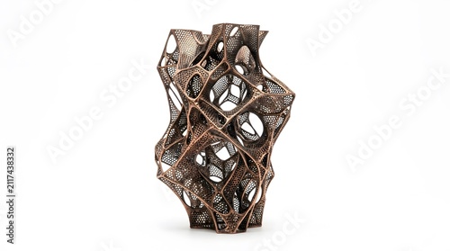 Bronze metallic 3d printed geometric sculpture with intricate lattice structure on white background