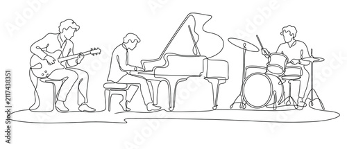 Canvas Print Continuous one line drawing of a jazz band playing music with guitar, piano and