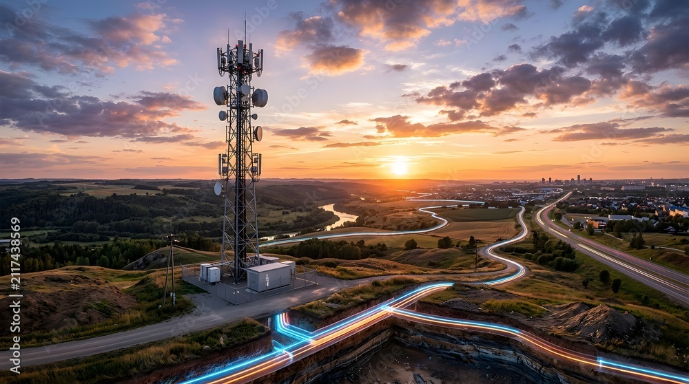 Fototapeta premium Telecommunications mast with fiber optic lines running through landscape