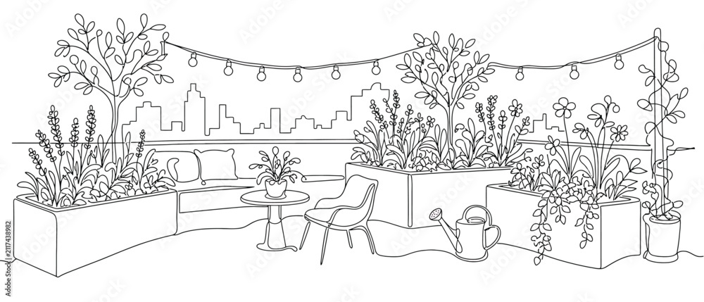Fototapeta premium Continuous line drawing of a cozy rooftop terrace with plants, flowers, furniture, and city skyline view minimalist vector illustration of an urban balcony garden with string lights