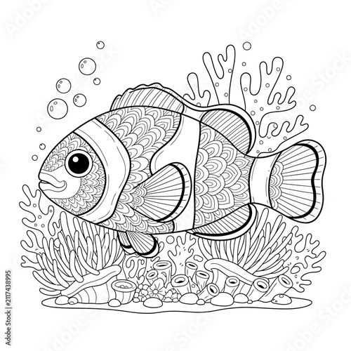 Black and white mandala style clownfish illustration with coral and bubbles, perfect for coloring pages and children's books.