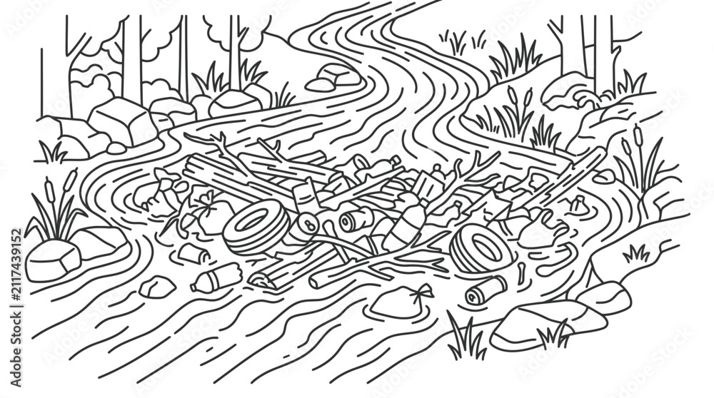 Fototapeta premium Polluted river with plastic bottles, tires, and debris in a forest setting.