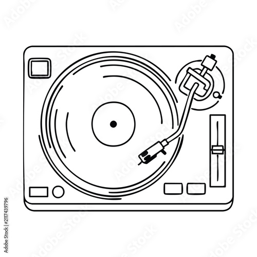 Black and white line art illustration of a vintage turntable with a vinyl record, viewed from above, depicting classic music playback equipment.
