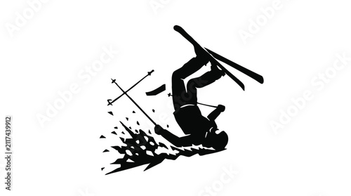 Skier silhouette tumbles headfirst down a mountain side creating a dynamic splash of snow while performing a risky winter sport maneuver in the wilderness.