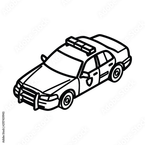 Black and white line art drawing of a police patrol car with light bar and push bumper, viewed from an isometric angle.