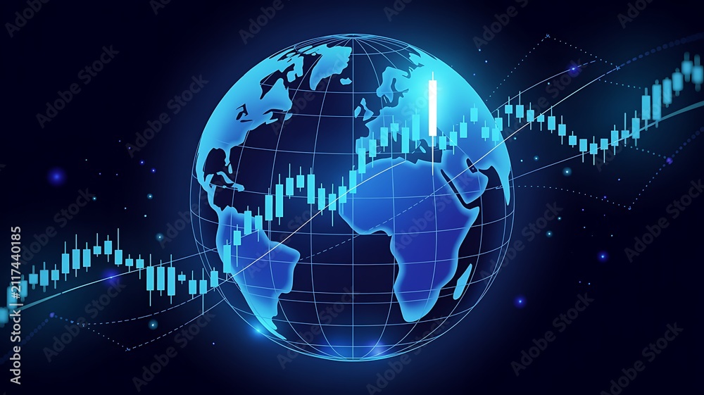 Naklejka premium Digital globe with blue stock market trading chart overlay