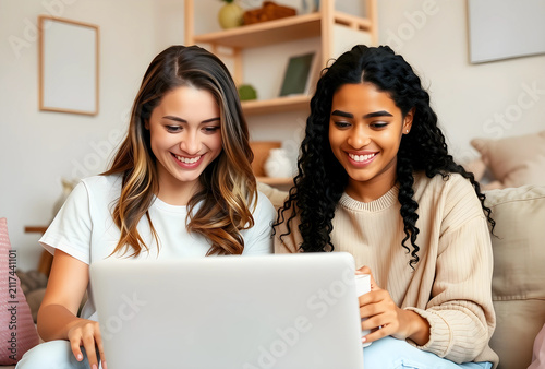Two smiling young women usi...