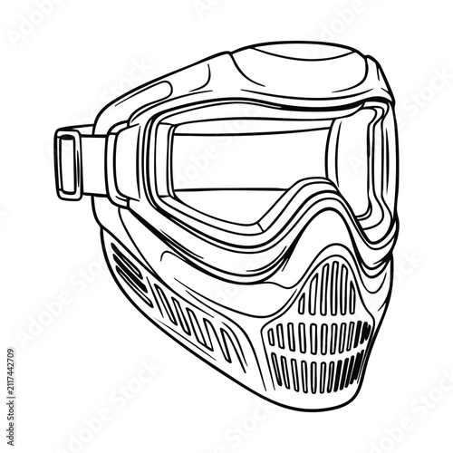 Line art drawing of a full-face protective mask used for paintball or airsoft sports.