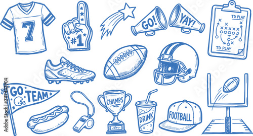 Hand-drawn American football icons set, blue sketch sports doodles on white background, 14 vector illustrations for game day graphics