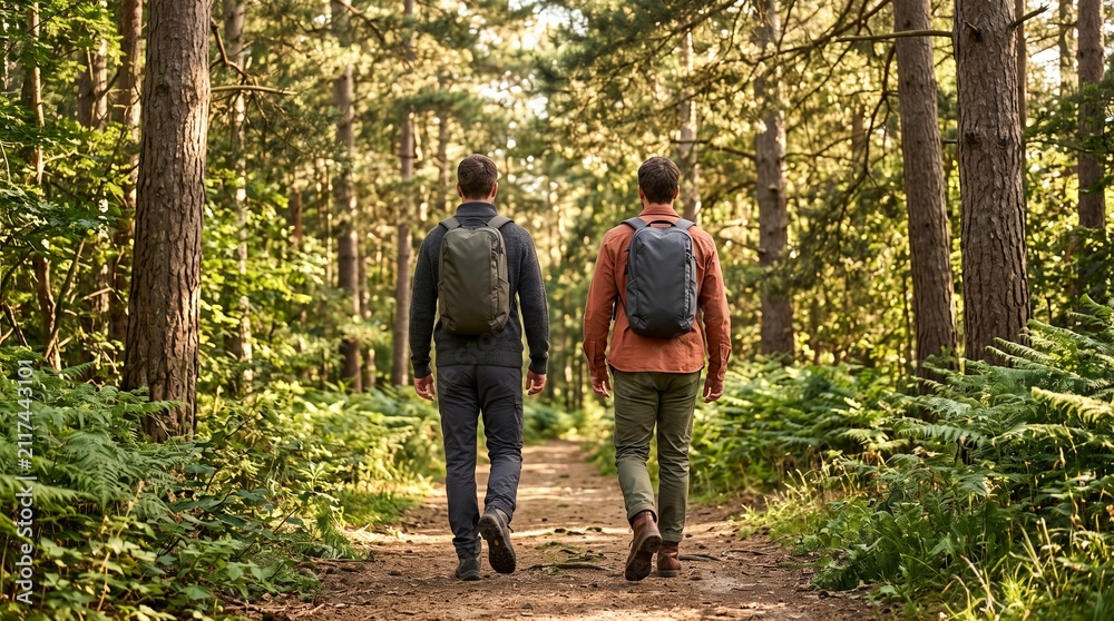 Fototapeta premium Two male friends hiking with backpacks on a sunny forest trail.