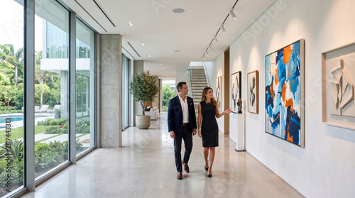 Real estate agent walking with a client through a luxury hallway with art gallery