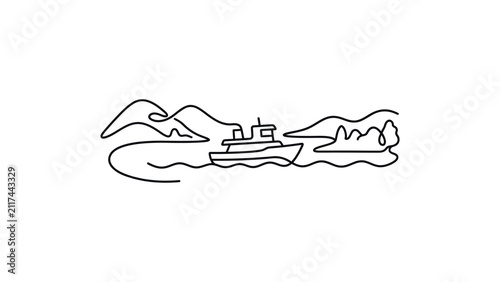 Continuous line art of a ship sailing through a serene landscape with rolling mountains and calm waters.