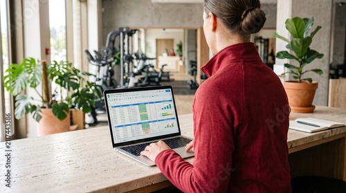 Woman in red fleece analyzing fitness data on laptop at gym reception desk