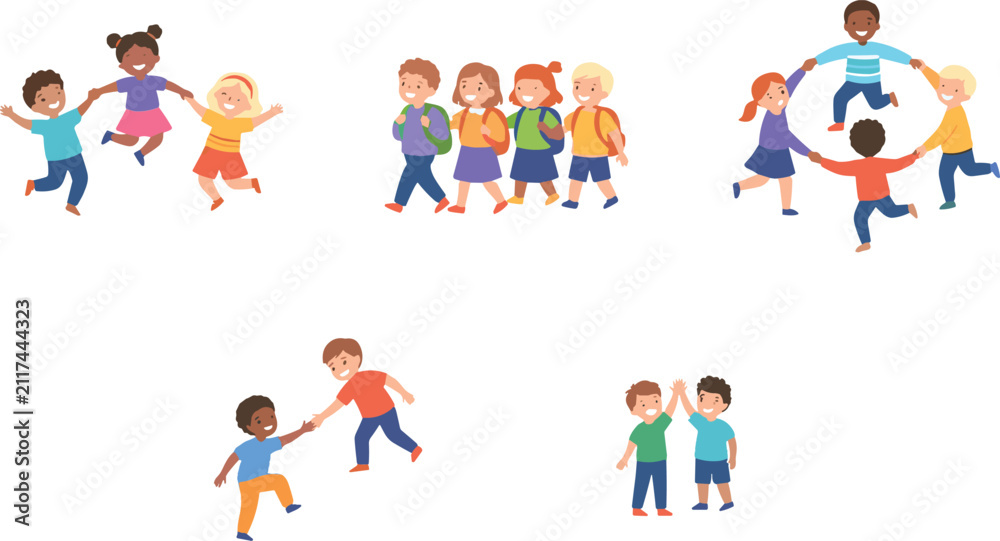 Fototapeta premium Happy Children Friendship Teamwork and School Activities Cartoon Kids Character Collection Vector Illustration