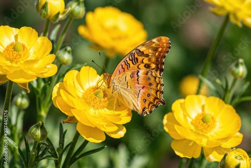 Beautiful Butterfly Resting on Vibrant Yellow Ranunculus Flower in Garden.