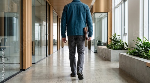 Businessman walking down a modern office corridor carrying a laptop.
