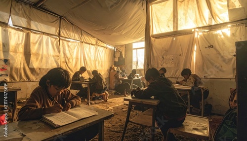 Children learn in a makeshift tent classroom, highlighting resilience and education amidst hardship in a refugee camp.