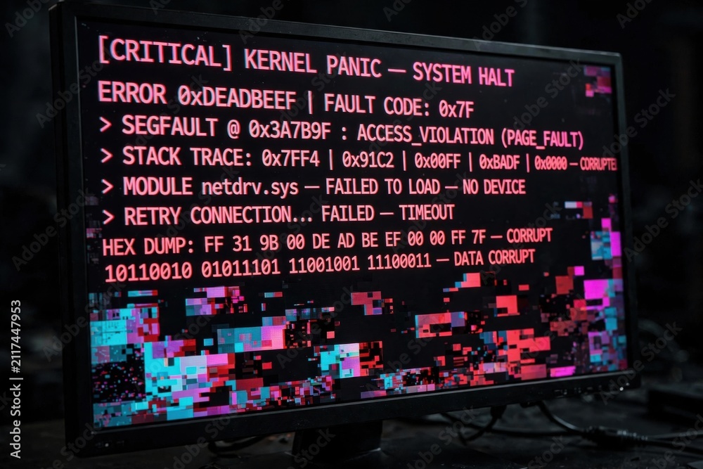 Fototapeta premium Computer Screen Displaying Critical Kernel Panic Error Message.