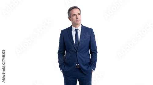 Confident Mature Businessman in Elegant Navy Blue Suit Isolated on Transparent Background