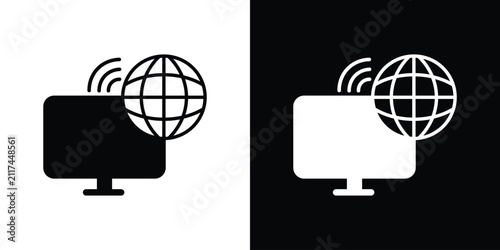 Desktop computer with wireless Wi-Fi signal and globe icon set, representing global wireless internet connection, smart networking, remote broadcasting, and cloud connectivity.