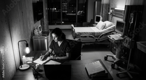 Dedicated Medical Professional Works Late Night Shift In Hospital Room