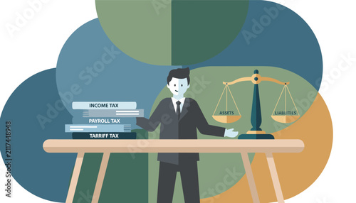 Professional accountant balances assets and liabilities on a scale next to tax books to manage financial status.