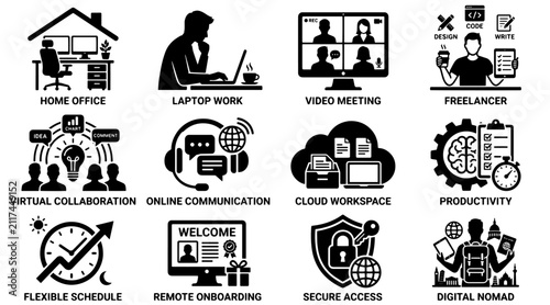 Modern Remote Work Black Silhouette Vector Set with Home Office, Laptop, Video Meeting, Freelancer, Virtual Collaboration, Cloud Workspace and Productivity Icons