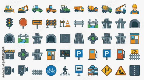 Bild auf Leinwand Modern Colorful Icons Set of Construction Roadwork Traffic and Transportation El