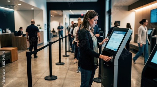 Customer Interacting With Self-Service Kiosk In A Modern Financial Institution Line