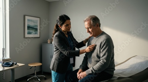 Compassionate Doctor Listens To Senior Patient Heartbeat With Stethoscope