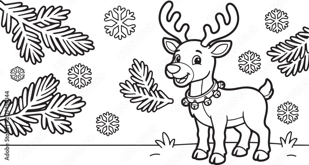 Obraz premium Cute Reindeer with Jingle Bell Collar in Winter Forest Christmas Coloring Page for Kids