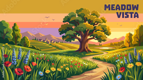Konstfotografi Beautiful meadow covered with lush green grass, colorful wildflowers, flourishin