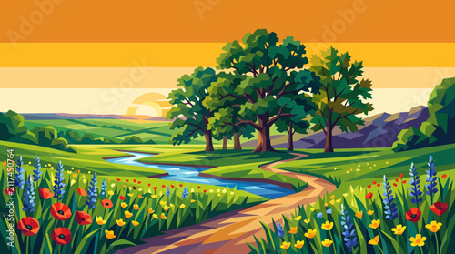 Quadro su tela Beautiful meadow covered with lush green grass, colorful wildflowers, flourishin