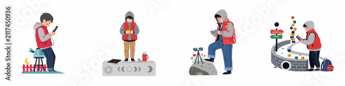 Quadro su tela Set of four illustrations showing a young boy distracted by handheld gaming during astronomical events and solar eclipse viewing