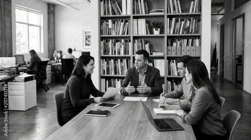 Collaborative Team Meeting Discussion In Modern Office Library Setting