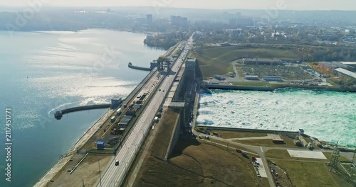 Aerial Drone Footage, Giant Dam on Angara River. Water Dam and Reservoir Lake Generating Hydro Electricity Power Renewable Energy. Hydroelectric Power Plant, Hydro Energy. High Quality 4k