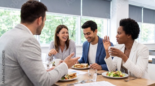 Group of four professionals enjoying lunch together at a modern office dining area with plates of food and drinks on the table